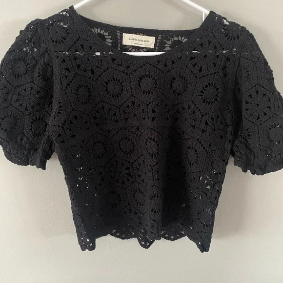 Black Crochet‎ Embroidered Puff Sleeve Top size S Saints and Hearts - Picture 6 of 6